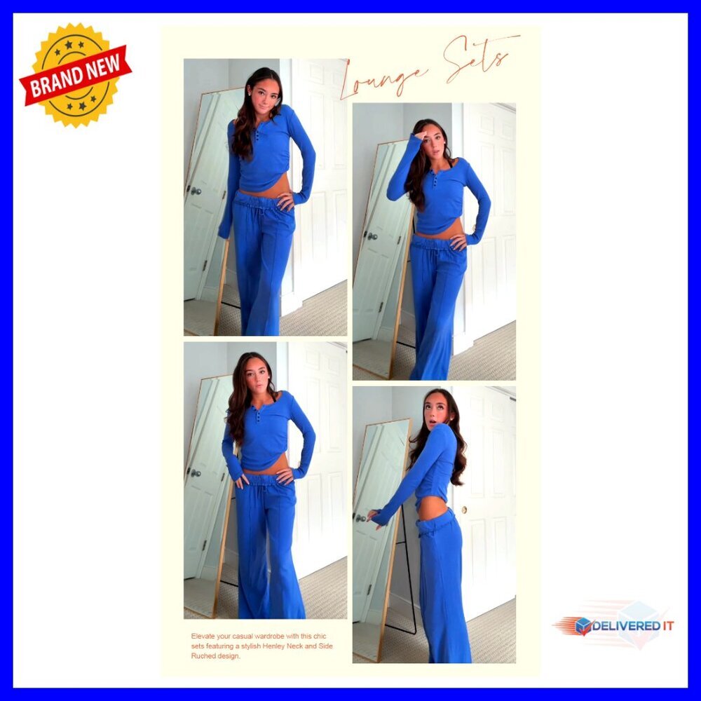 Small Cotton Blend Lounge Set Long Sleeve Henley Wide Leg Pants - Picture 7 of 7